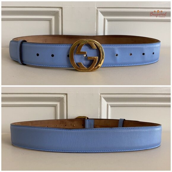 Authentic Gucci Blue Calfskin Leather Gold Interlocking G Buckle Belt 85/34 - Picture 5 of 13